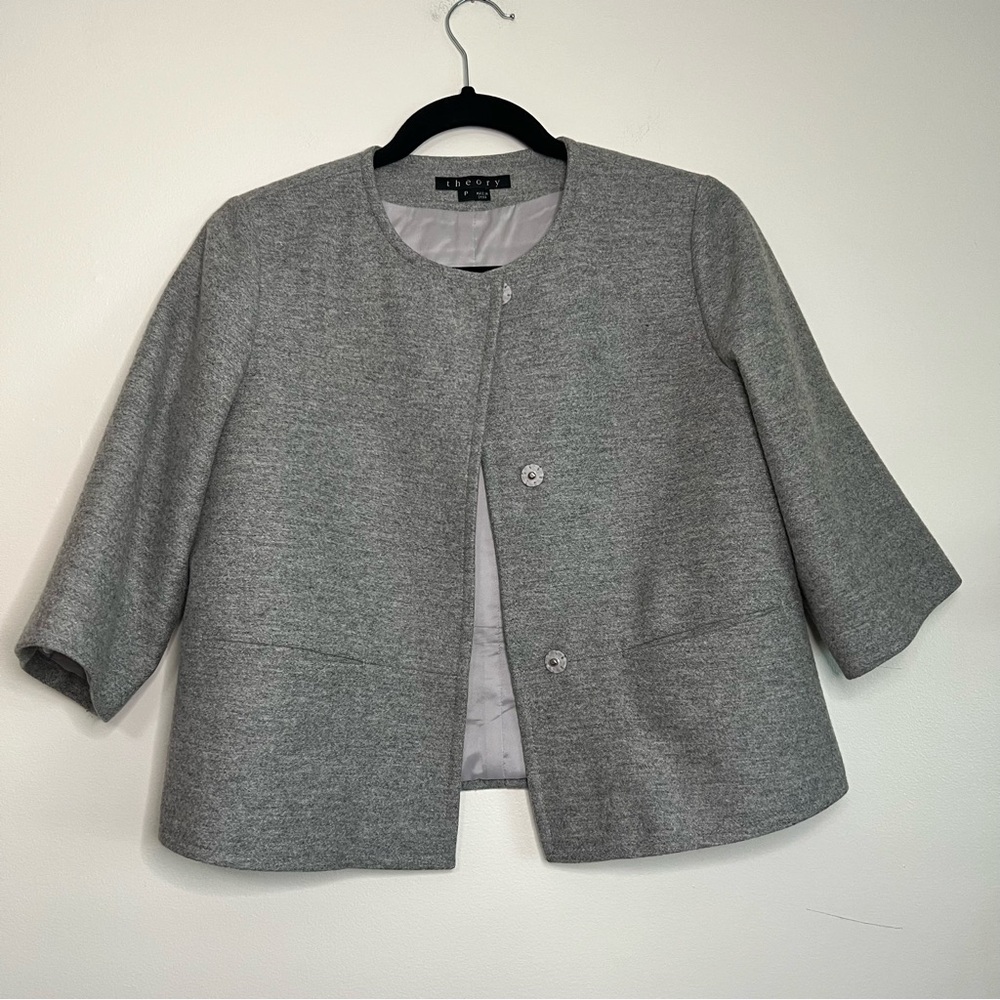 Theory Womens Gray‎ Wool Blend Collarless 3/4 Sleeve Snap Front Jacket Size P